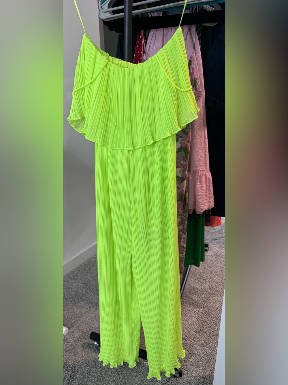 Girls Neon Green Pleated Flounce Jumpsuit